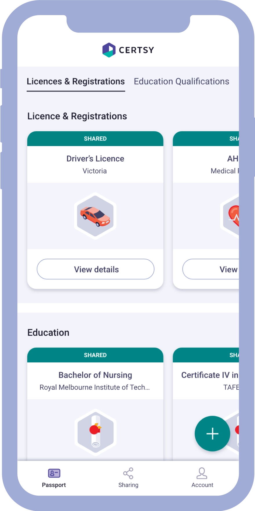 Screenshot of the Certsy app showing several verified credentials